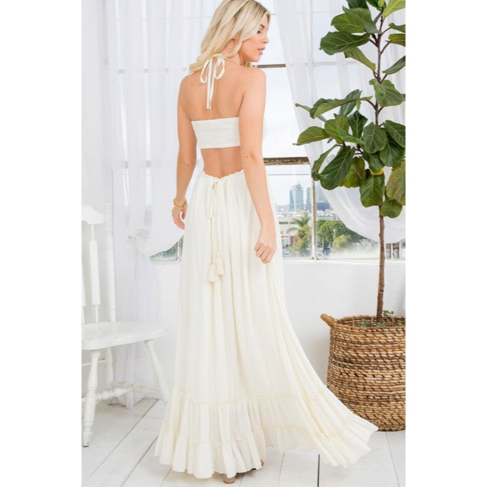 SOLD OUT Bohemian Cream Smocked Halter Open Back Tiered Ruffle Skirt Maxi Dress - Picture 2 of 5